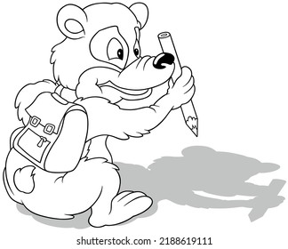 Drawing of a Sitting Teddy Bear with a School Bag on his Back and a Crayon in his Paw - Cartoon Illustration Isolated on White Background, Vector