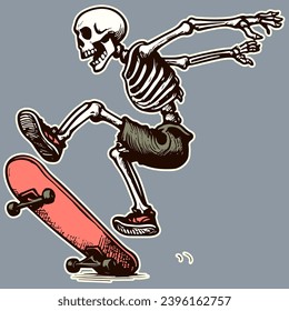 Drawing of a skateboarding  skeleton on a skateboard doing tricks. Cartoon character practicing extreme sports