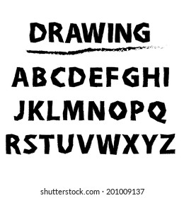 drawing sketch alphabet. Handwritten font.