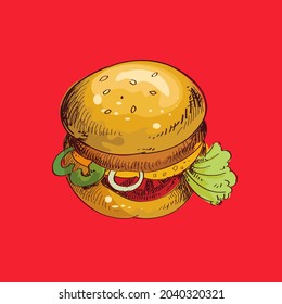 Drawing sketch of burger. Vector illustration 