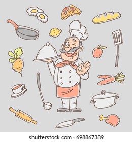 Drawing sketch cook and various kitchen objects. Vector illustration. Sketch Doodle.