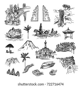 Drawing sketch elements, buildings and places of Bali island. Unique cultural collection with temples, palm, objects and nature.