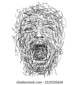 Drawing sketch of expressive face of person screaming loud