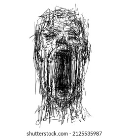 Drawing sketch of expressive face of person screaming loud