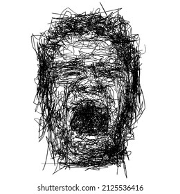 Drawing sketch of expressive face of person screaming loud