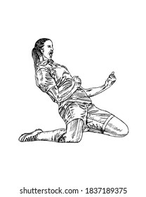 Drawing sketch 
female soccer player celebrating after scoring goal  Hand drawn vector illustration