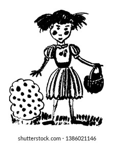drawing sketch, a girl with a basket picks berries in the garden, a sketch, hand-drawn with coal vector illustration