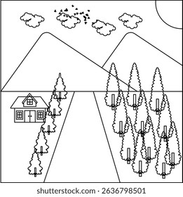 drawing a sketch of a house and trees