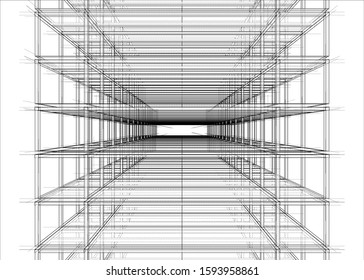 Drawing or sketch of a house under construction. Construction site. Main line, back contour and auxiliary lines. Vector made from 3d.