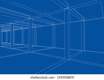 Drawing or sketch of a house under construction. Construction site. Main line, back contour and auxiliary lines. Vector made from 3d.