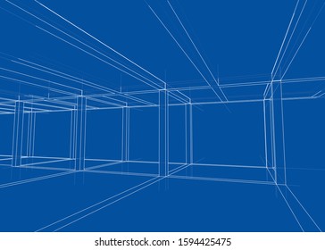 Drawing or sketch of a house under construction. Construction site. Main line, back contour and auxiliary lines. Vector made from 3d.