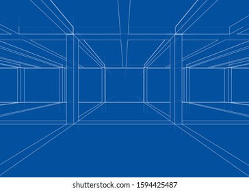 Drawing or sketch of a house under construction. Construction site. Main line, back contour and auxiliary lines. Vector made from 3d.