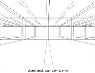 Drawing or sketch of a house under construction. Construction site. Main line, back contour and auxiliary lines. Vector made from 3d.