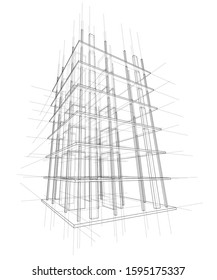 Drawing or sketch of a house under construction. Construction site. Main line, back contour and auxiliary lines. Vector made from 3d.