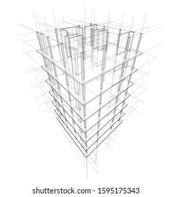 Drawing or sketch of a house under construction. Construction site. Main line, back contour and auxiliary lines. Vector made from 3d.