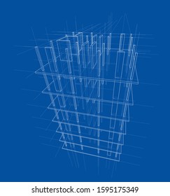 Drawing or sketch of a house under construction. Construction site. Main line, back contour and auxiliary lines. Vector made from 3d.