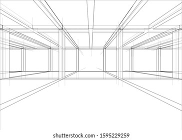 Drawing or sketch of a house under construction. Construction site. Main line, back contour and auxiliary lines. Vector made from 3d.