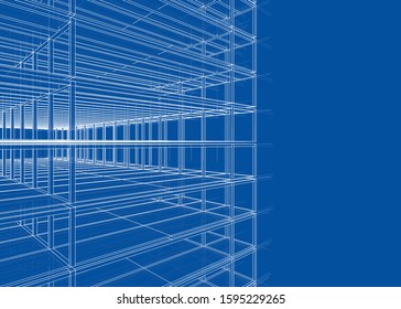 Drawing or sketch of a house under construction. Construction site. Main line, back contour and auxiliary lines. Vector made from 3d.
