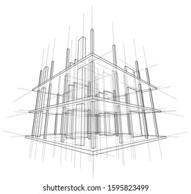 Drawing or sketch of a house under construction. Construction site. Main line, back contour and auxiliary lines. Vector made from 3d.