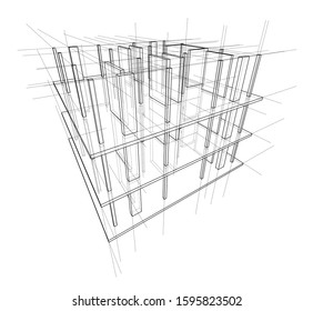 Drawing or sketch of a house under construction. Construction site. Main line, back contour and auxiliary lines. Vector made from 3d.
