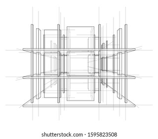 Drawing or sketch of a house under construction. Construction site. Main line, back contour and auxiliary lines. Vector made from 3d.