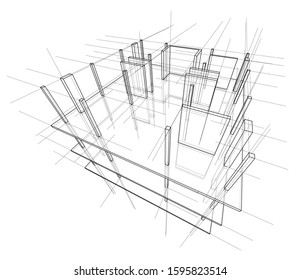 Drawing or sketch of a house under construction. Construction site. Main line, back contour and auxiliary lines. Vector made from 3d.