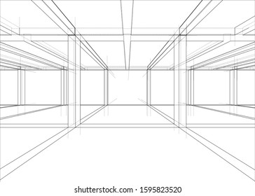 Drawing or sketch of a house under construction. Construction site. Main line, back contour and auxiliary lines. Vector made from 3d.