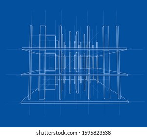 Drawing or sketch of a house under construction. Construction site. Main line, back contour and auxiliary lines. Vector made from 3d.