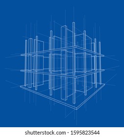 Drawing or sketch of a house under construction. Construction site. Main line, back contour and auxiliary lines. Vector made from 3d.