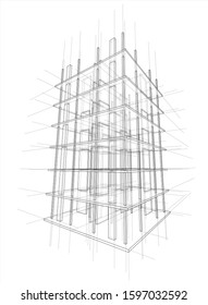 Drawing or sketch of a house under construction. Construction site. Main line, back contour and auxiliary lines. Vector made from 3d.