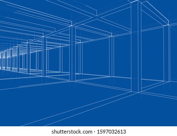 Drawing or sketch of a house under construction. Construction site. Main line, back contour and auxiliary lines. Vector made from 3d.