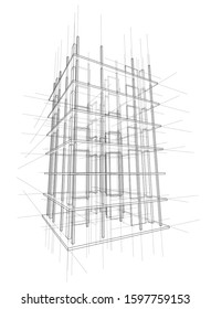 Drawing or sketch of a house under construction. Construction site. Main line, back contour and auxiliary lines. Vector made from 3d.
