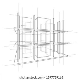 Drawing or sketch of a house under construction. Construction site. Main line, back contour and auxiliary lines. Vector made from 3d.