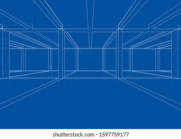 Drawing or sketch of a house under construction. Construction site. Main line, back contour and auxiliary lines. Vector made from 3d.