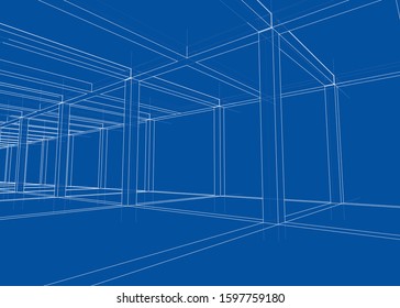 Drawing or sketch of a house under construction. Construction site. Main line, back contour and auxiliary lines. Vector made from 3d.