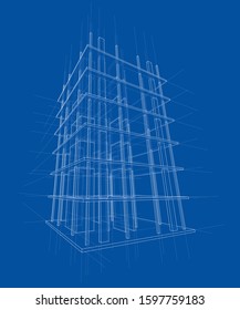 Drawing or sketch of a house under construction. Construction site. Main line, back contour and auxiliary lines. Vector made from 3d.
