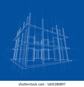 Drawing or sketch of a house under construction. Construction site. Main line, back contour and auxiliary lines. Vector made from 3d.