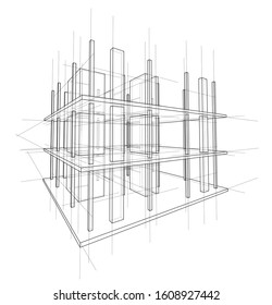 Drawing or sketch of a house under construction. Construction site. Main line, back contour and auxiliary lines. Vector made from 3d.
