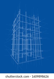 Drawing or sketch of a house under construction. Construction site. Main line, back contour and auxiliary lines. Vector made from 3d.