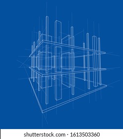 Drawing or sketch of a house under construction. Construction site. Main line, back contour and auxiliary lines. Vector made from 3d.