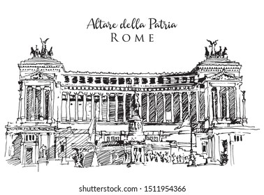 Drawing sketch illustration of Altare della Patria, the Altar of the Fatherland or Victoriano. Significant landmark in Rome, the Italian capital.