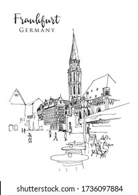 Drawing sketch illustration of Altstadt, Roemerberg Platz, and Old Saint Nicholas Church in Frankfurt, Germany