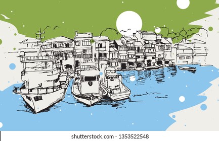 Drawing sketch illustration of Anadolu Kavagi coast with boats and homes, Istanbul