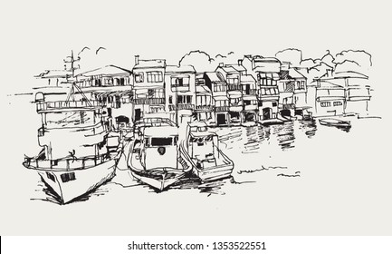 Drawing sketch illustration of Anadolu Kavagi coast with boats and homes, Istanbul