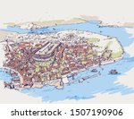 Drawing sketch illustration of the ancient Constantinople old city, today