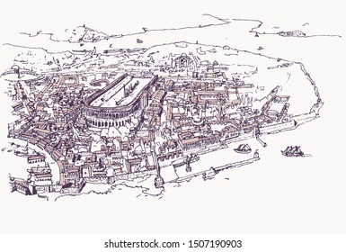 Drawing sketch illustration of the ancient Constantinople old city, today's Istanbul. Medieval model of the Byzantine city.