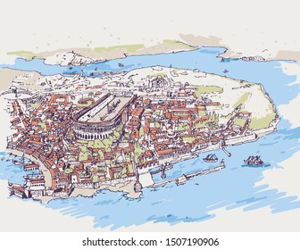 Drawing sketch illustration of the ancient Constantinople old city, today's Istanbul. Medieval model of the Byzantine city.