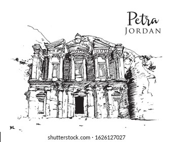 Drawing sketch illustration of the ancient remains of Petra in Jordan