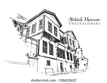 Drawing sketch illustration of Ataturk Museum in Thessaloniki