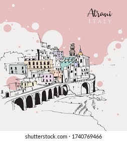 Drawing sketch illustration of Atrani, the smallest village in south-western Italy.